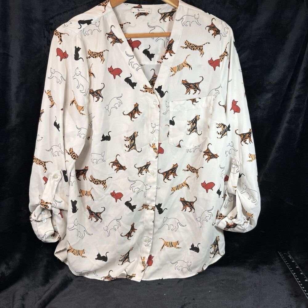 Cat Print Women’s Cream Blouse Top Size 14 Shirt Roll Tab Sleeve Quirky Kitten